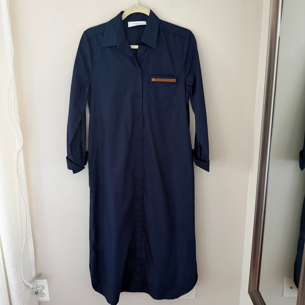 Beatrice .b Navy‎ Blue Cotton Shirt Dress Gold Logo Bar Midi XXS IT 38 USA 0